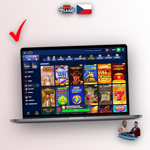 Bigclash Casino desktop klient na notebooku – otevřené herní lobby s fialově zlatým designem